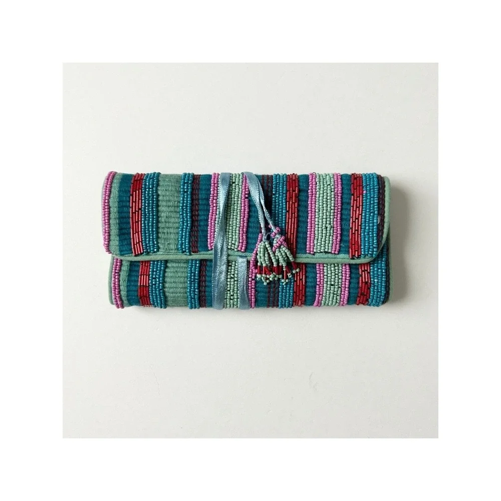 Anthropologie Danica Beaded Embellished Jewelry Roll Organizer Pouch Striped